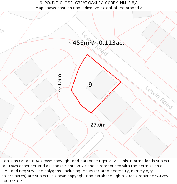 9, POUND CLOSE, GREAT OAKLEY, CORBY, NN18 8JA: Plot and title map