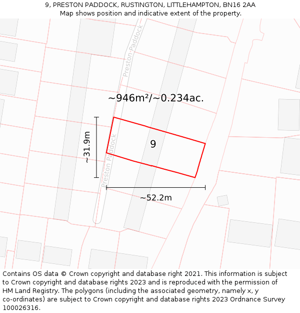 9, PRESTON PADDOCK, RUSTINGTON, LITTLEHAMPTON, BN16 2AA: Plot and title map