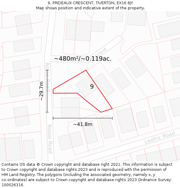9, PRIDEAUX CRESCENT, TIVERTON, EX16 6JY: Plot and title map