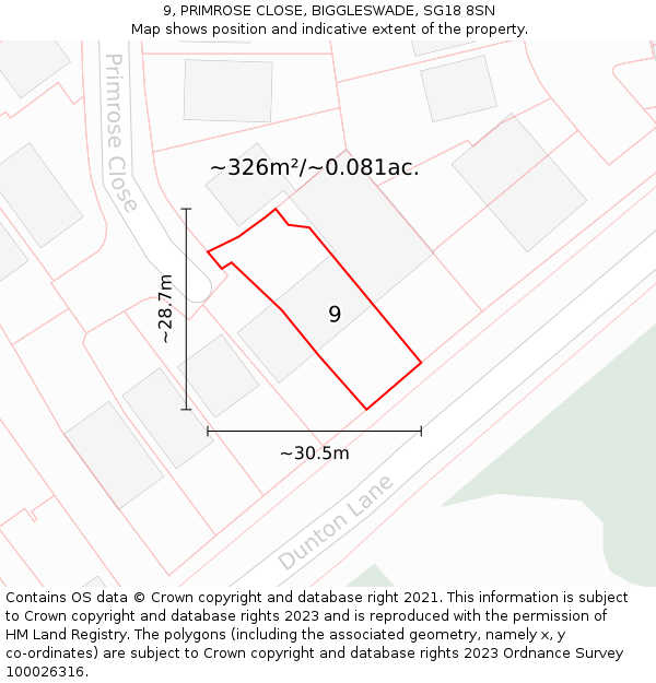 9, PRIMROSE CLOSE, BIGGLESWADE, SG18 8SN: Plot and title map
