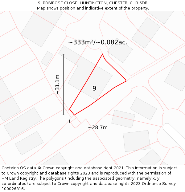 9, PRIMROSE CLOSE, HUNTINGTON, CHESTER, CH3 6DR: Plot and title map