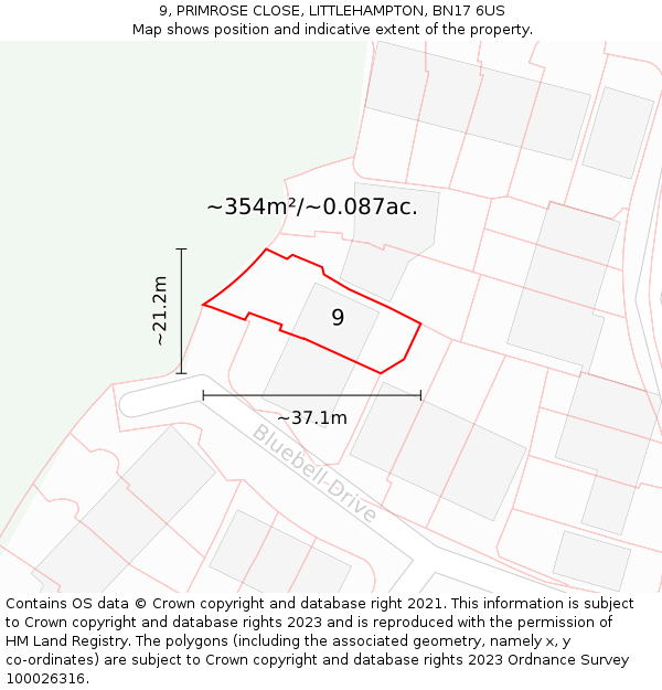 9, PRIMROSE CLOSE, LITTLEHAMPTON, BN17 6US: Plot and title map