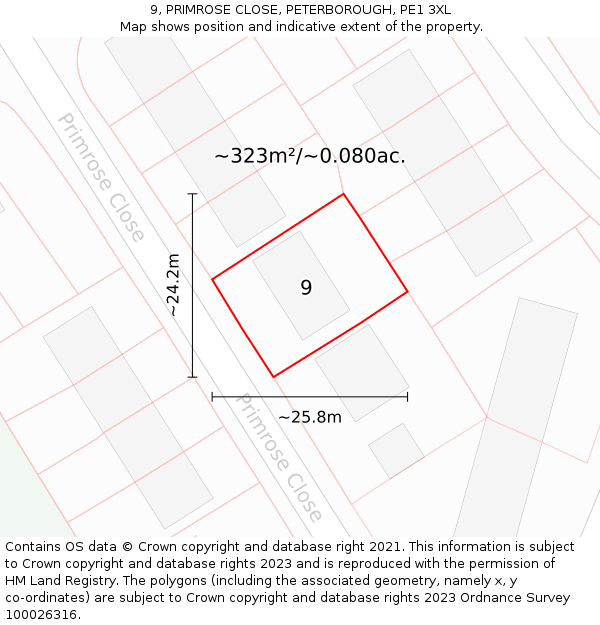 9, PRIMROSE CLOSE, PETERBOROUGH, PE1 3XL: Plot and title map