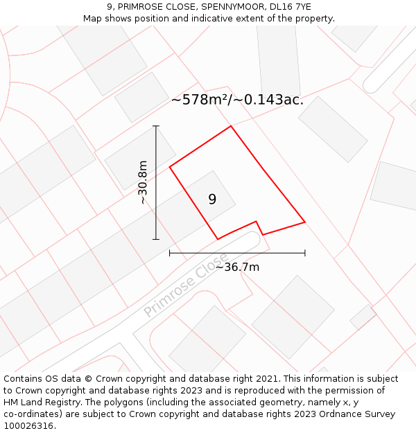 9, PRIMROSE CLOSE, SPENNYMOOR, DL16 7YE: Plot and title map
