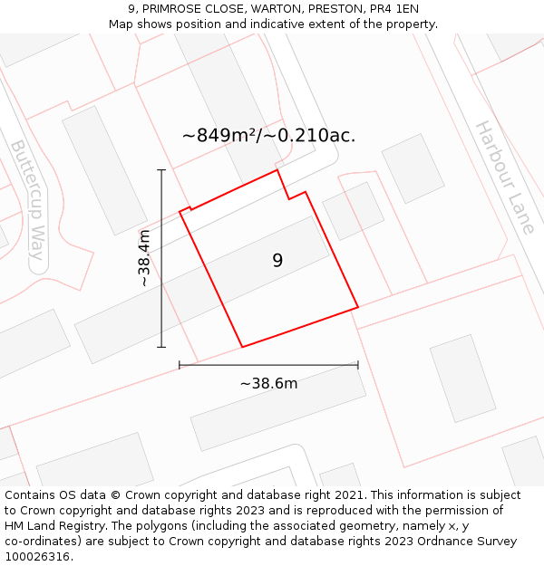 9, PRIMROSE CLOSE, WARTON, PRESTON, PR4 1EN: Plot and title map