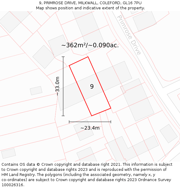9, PRIMROSE DRIVE, MILKWALL, COLEFORD, GL16 7PU: Plot and title map