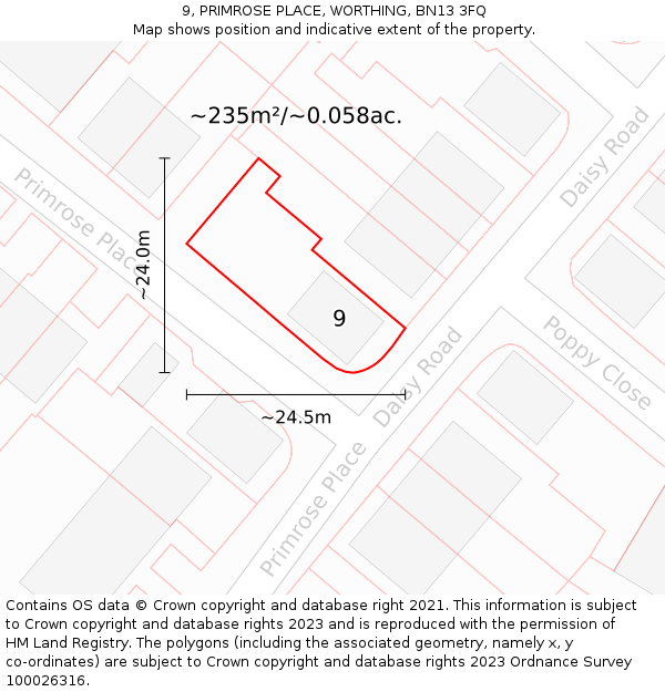 9, PRIMROSE PLACE, WORTHING, BN13 3FQ: Plot and title map