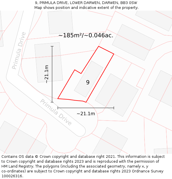 9, PRIMULA DRIVE, LOWER DARWEN, DARWEN, BB3 0SW: Plot and title map