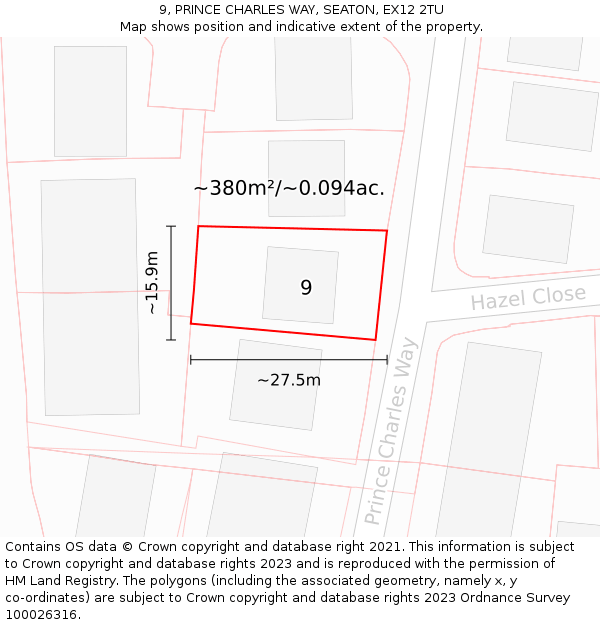 9, PRINCE CHARLES WAY, SEATON, EX12 2TU: Plot and title map