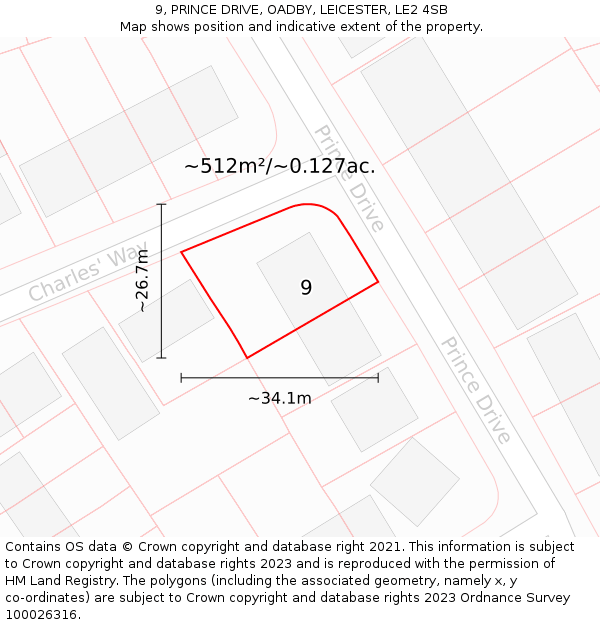 9, PRINCE DRIVE, OADBY, LEICESTER, LE2 4SB: Plot and title map