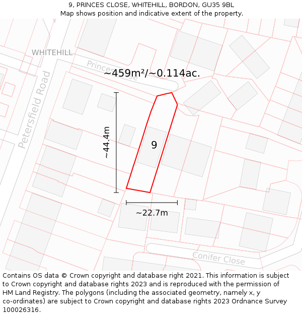 9, PRINCES CLOSE, WHITEHILL, BORDON, GU35 9BL: Plot and title map
