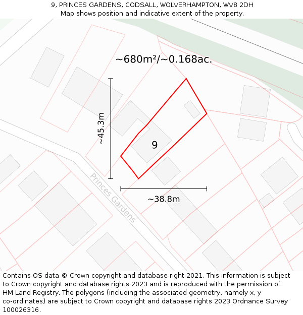 9, PRINCES GARDENS, CODSALL, WOLVERHAMPTON, WV8 2DH: Plot and title map