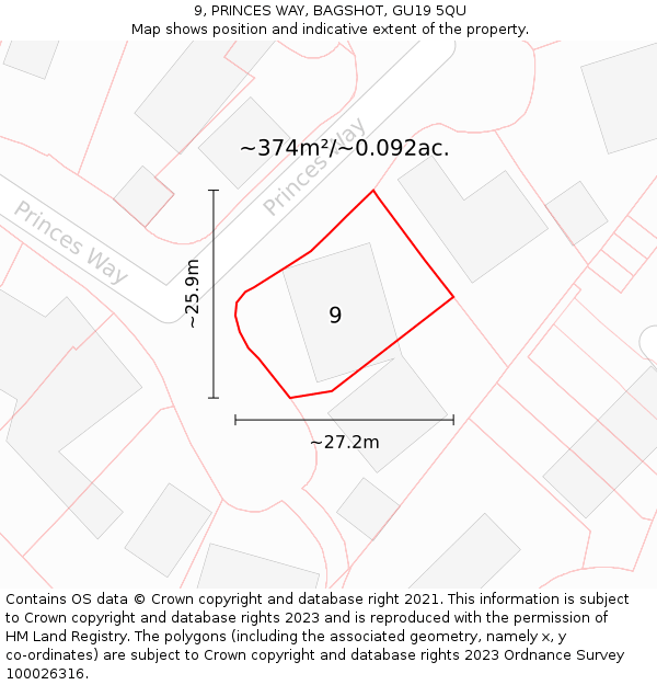 9, PRINCES WAY, BAGSHOT, GU19 5QU: Plot and title map