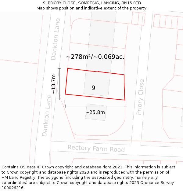 9, PRIORY CLOSE, SOMPTING, LANCING, BN15 0EB: Plot and title map