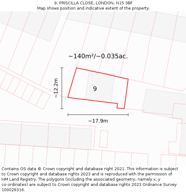 9, PRISCILLA CLOSE, LONDON, N15 3BF: Plot and title map