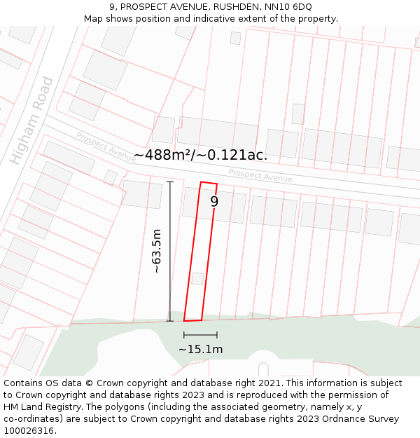9, PROSPECT AVENUE, RUSHDEN, NN10 6DQ: Plot and title map