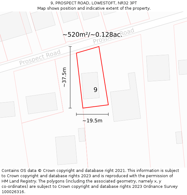 9, PROSPECT ROAD, LOWESTOFT, NR32 3PT: Plot and title map