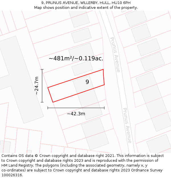 9, PRUNUS AVENUE, WILLERBY, HULL, HU10 6PH: Plot and title map