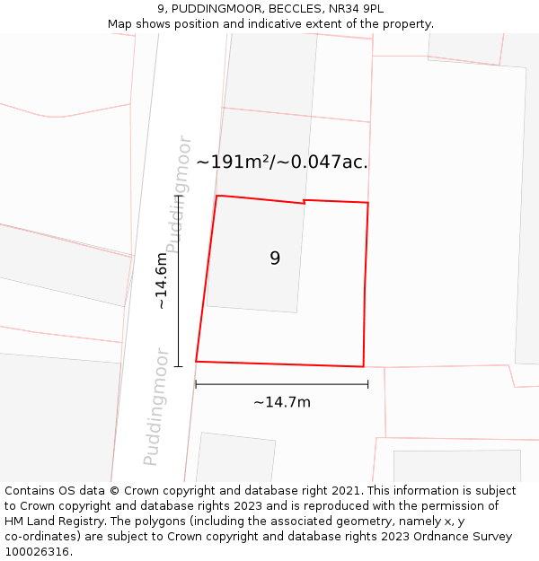 9, PUDDINGMOOR, BECCLES, NR34 9PL: Plot and title map
