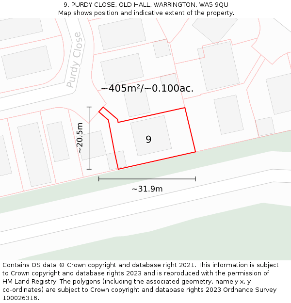 9, PURDY CLOSE, OLD HALL, WARRINGTON, WA5 9QU: Plot and title map