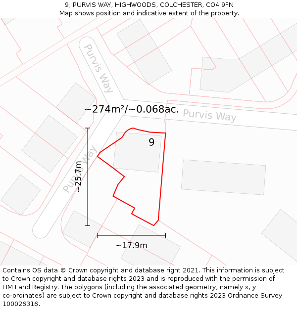 9, PURVIS WAY, HIGHWOODS, COLCHESTER, CO4 9FN: Plot and title map