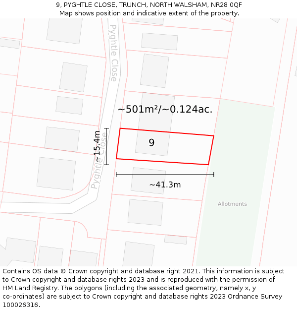 9, PYGHTLE CLOSE, TRUNCH, NORTH WALSHAM, NR28 0QF: Plot and title map