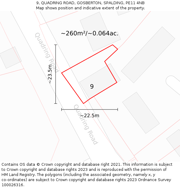 9, QUADRING ROAD, GOSBERTON, SPALDING, PE11 4NB: Plot and title map