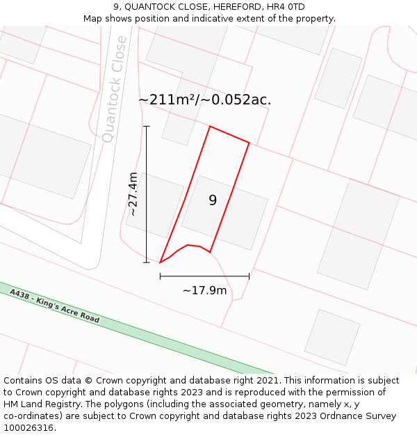 9, QUANTOCK CLOSE, HEREFORD, HR4 0TD: Plot and title map