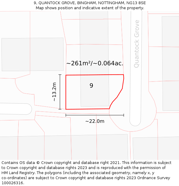9, QUANTOCK GROVE, BINGHAM, NOTTINGHAM, NG13 8SE: Plot and title map