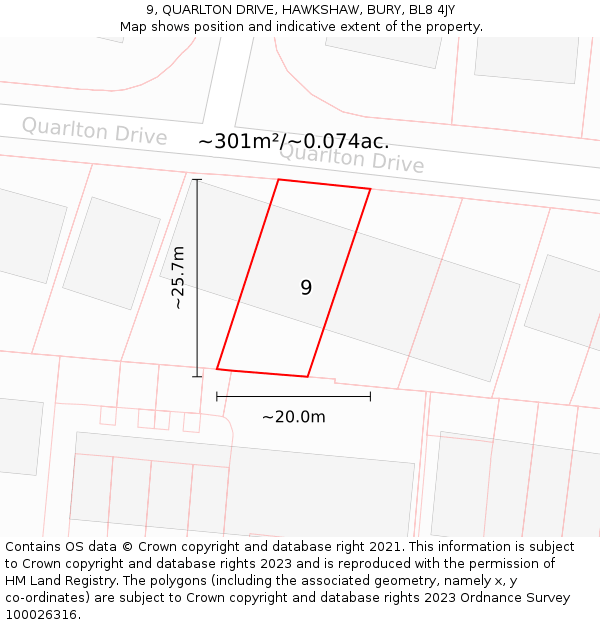 9, QUARLTON DRIVE, HAWKSHAW, BURY, BL8 4JY: Plot and title map