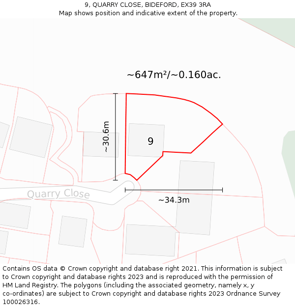 9, QUARRY CLOSE, BIDEFORD, EX39 3RA: Plot and title map