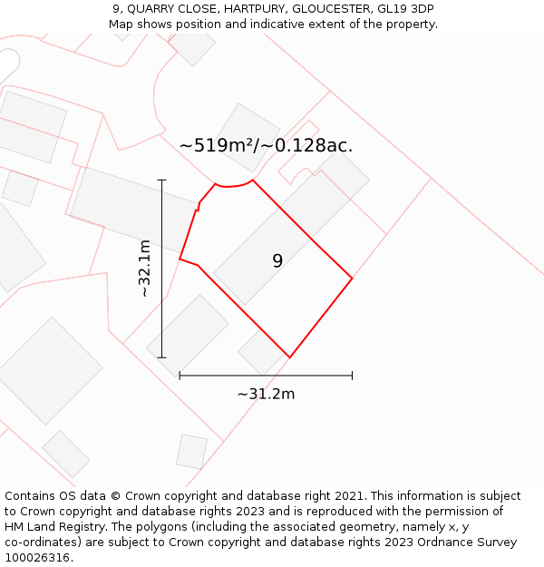 9, QUARRY CLOSE, HARTPURY, GLOUCESTER, GL19 3DP: Plot and title map
