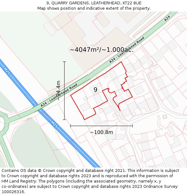 9, QUARRY GARDENS, LEATHERHEAD, KT22 8UE: Plot and title map