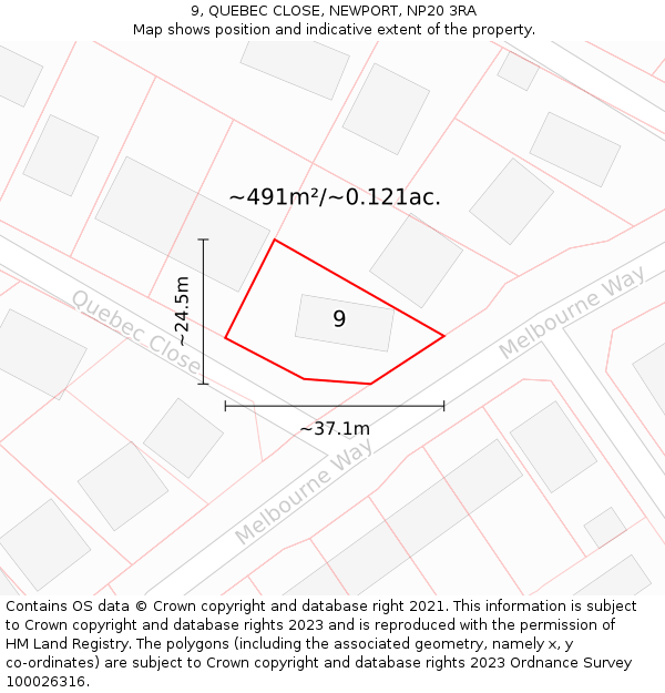 9, QUEBEC CLOSE, NEWPORT, NP20 3RA: Plot and title map
