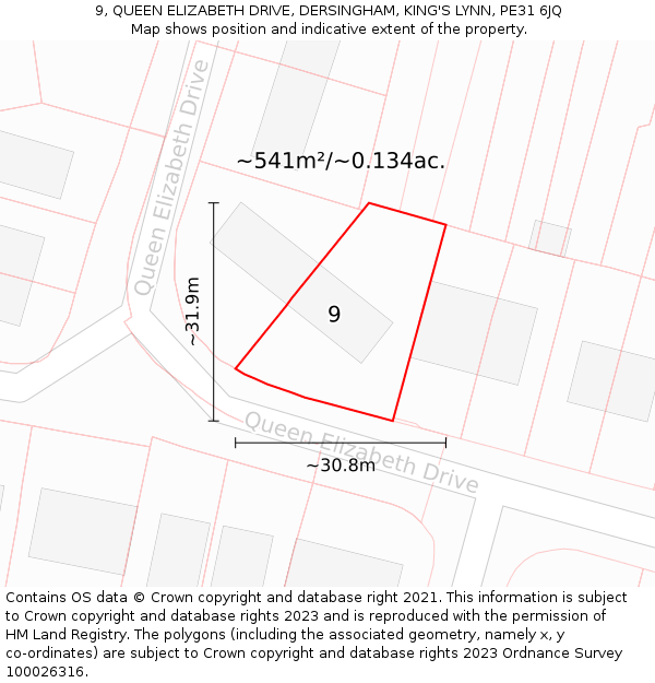 9, QUEEN ELIZABETH DRIVE, DERSINGHAM, KING'S LYNN, PE31 6JQ: Plot and title map