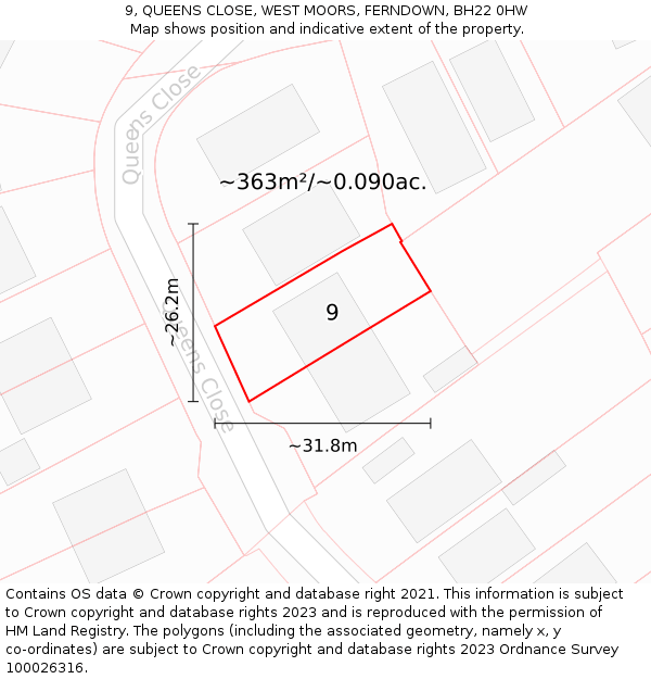9, QUEENS CLOSE, WEST MOORS, FERNDOWN, BH22 0HW: Plot and title map
