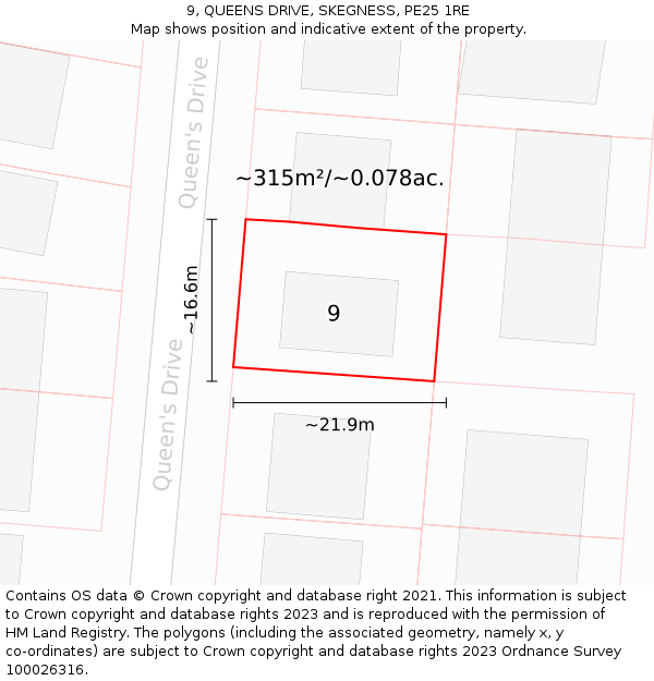 9, QUEENS DRIVE, SKEGNESS, PE25 1RE: Plot and title map