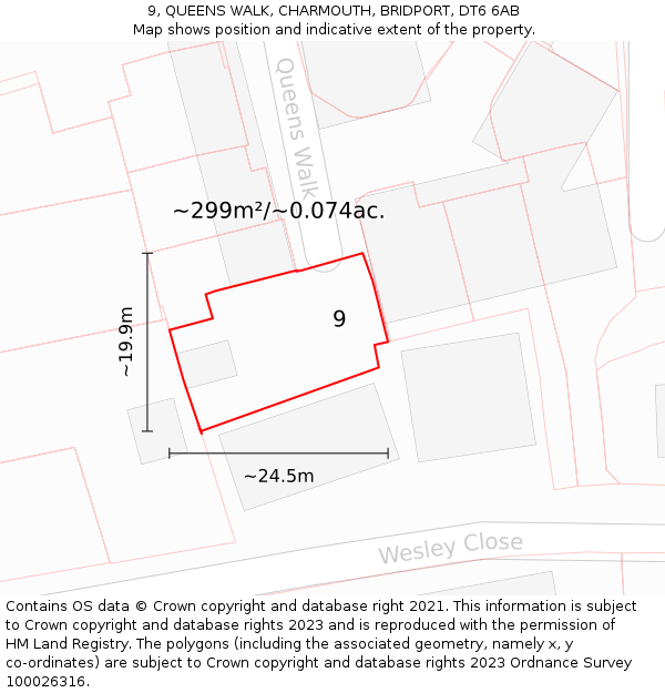 9, QUEENS WALK, CHARMOUTH, BRIDPORT, DT6 6AB: Plot and title map