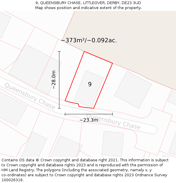 9, QUEENSBURY CHASE, LITTLEOVER, DERBY, DE23 3UD: Plot and title map