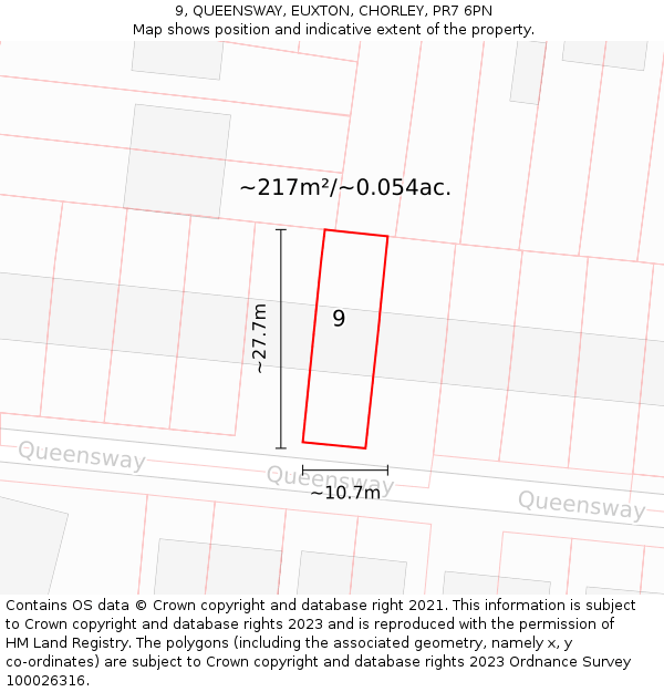 9, QUEENSWAY, EUXTON, CHORLEY, PR7 6PN: Plot and title map