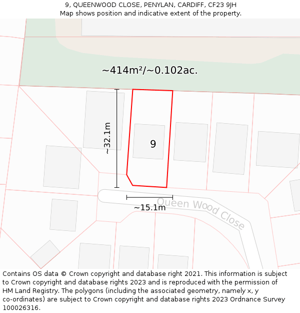 9, QUEENWOOD CLOSE, PENYLAN, CARDIFF, CF23 9JH: Plot and title map