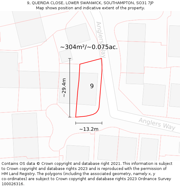 9, QUERIDA CLOSE, LOWER SWANWICK, SOUTHAMPTON, SO31 7JP: Plot and title map