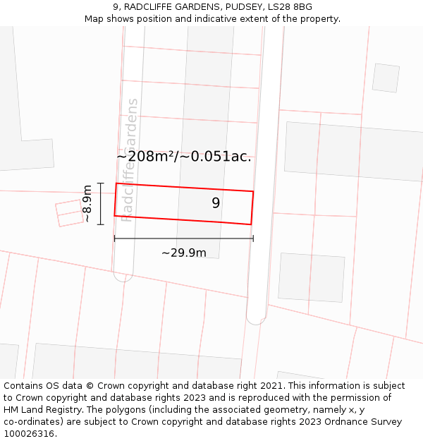 9, RADCLIFFE GARDENS, PUDSEY, LS28 8BG: Plot and title map