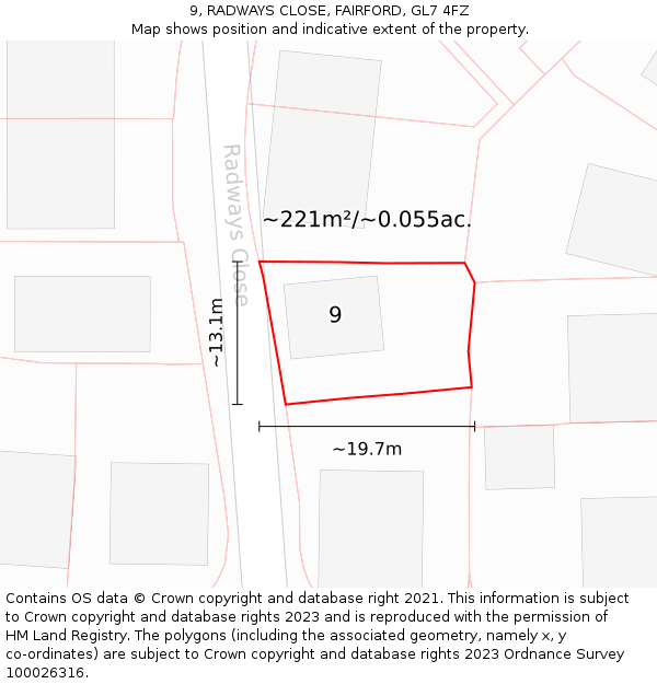 9, RADWAYS CLOSE, FAIRFORD, GL7 4FZ: Plot and title map