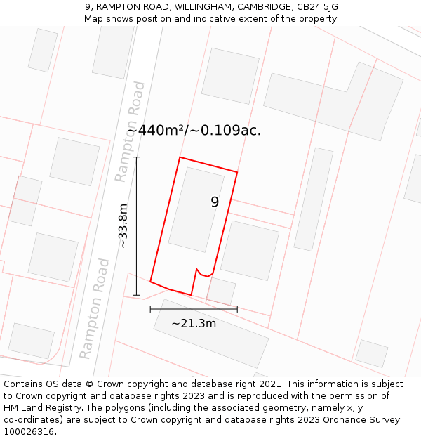 9, RAMPTON ROAD, WILLINGHAM, CAMBRIDGE, CB24 5JG: Plot and title map