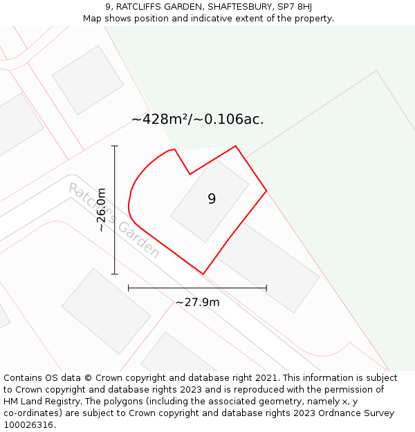 9, RATCLIFFS GARDEN, SHAFTESBURY, SP7 8HJ: Plot and title map