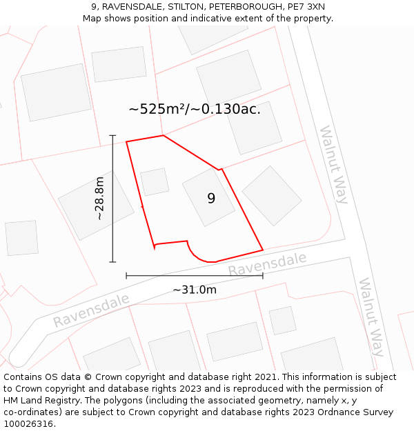 9, RAVENSDALE, STILTON, PETERBOROUGH, PE7 3XN: Plot and title map