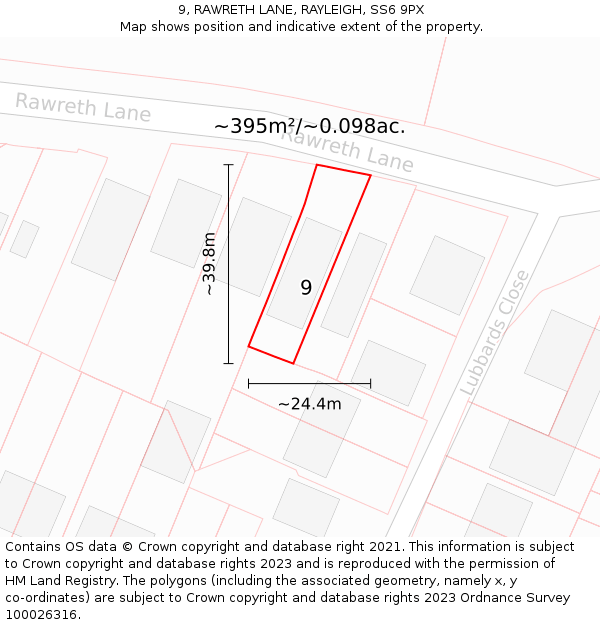 9, RAWRETH LANE, RAYLEIGH, SS6 9PX: Plot and title map