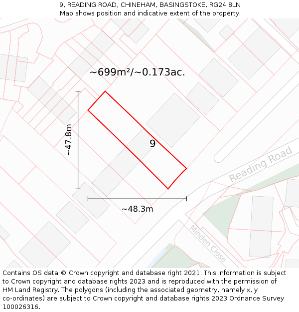 9, READING ROAD, CHINEHAM, BASINGSTOKE, RG24 8LN: Plot and title map