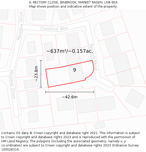 9, RECTORY CLOSE, BINBROOK, MARKET RASEN, LN8 6EA: Plot and title map